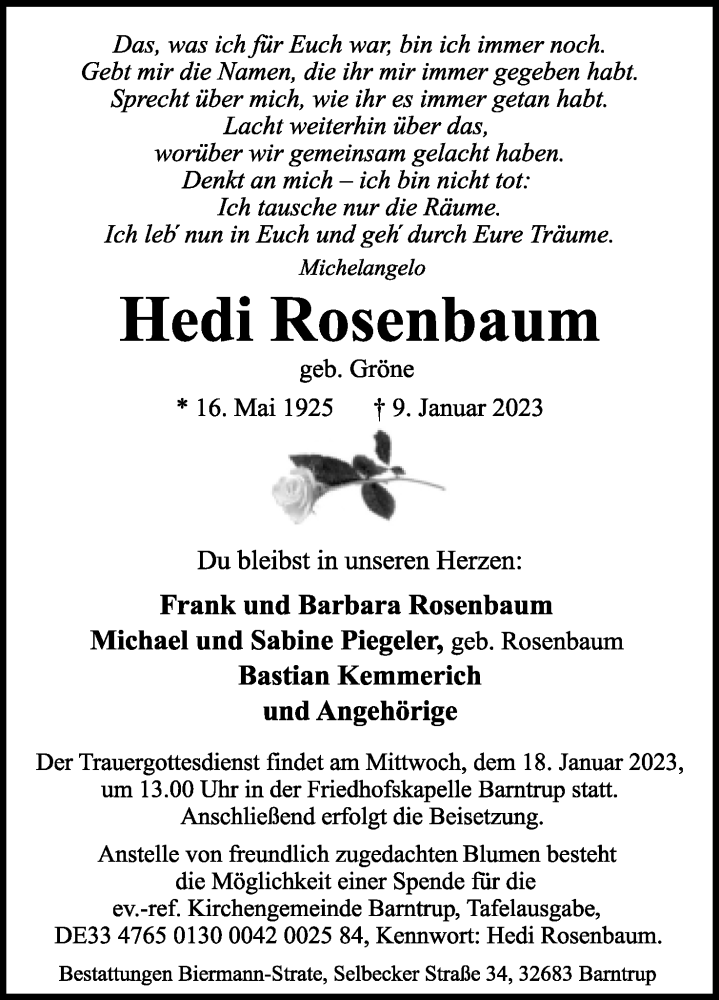  Traueranzeige für Hedi Rosenbaum vom 14.01.2023 aus Lippische Landes-Zeitung