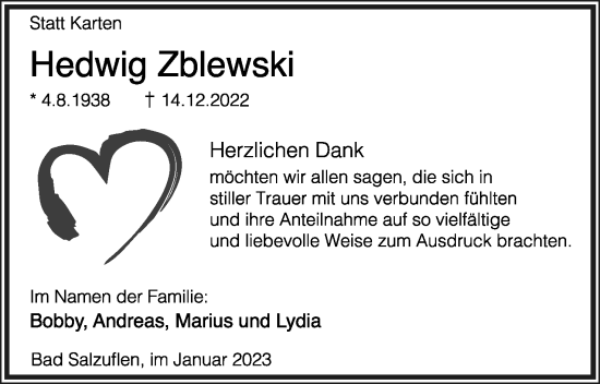 Anzeige  Hedwig Zblewski  Lippische Landes-Zeitung