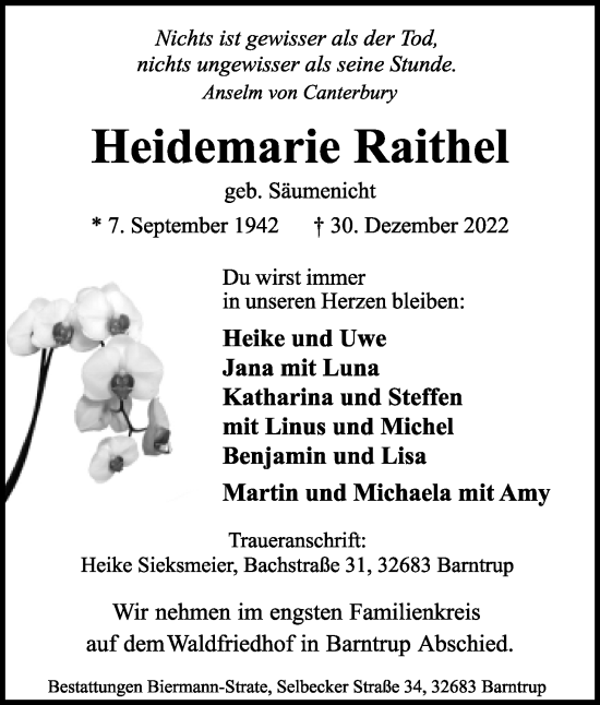 Anzeige  Heidemarie Raithel  Lippische Landes-Zeitung