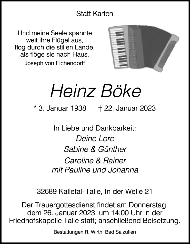  Traueranzeige für Heinz Böke vom 25.01.2023 aus Lippische Landes-Zeitung