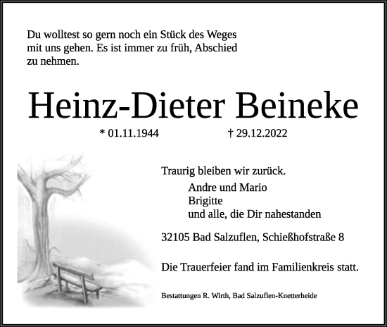 Anzeige  Heinz-Dieter Beineke  Lippische Landes-Zeitung