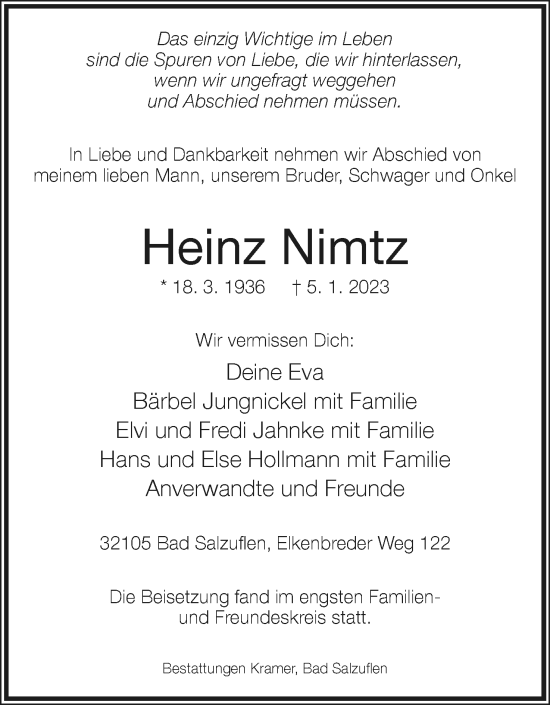 Anzeige  Heinz Nimtz  Lippische Landes-Zeitung