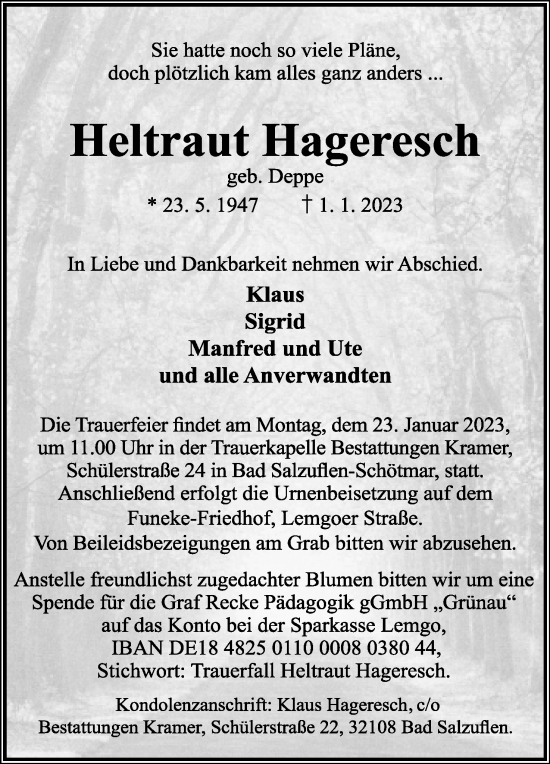 Anzeige  Heltraut Hageresch  Lippische Landes-Zeitung