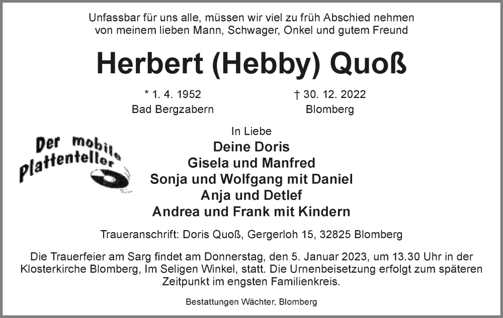  Traueranzeige für Herbert Quoß vom 04.01.2023 aus Lippische Landes-Zeitung