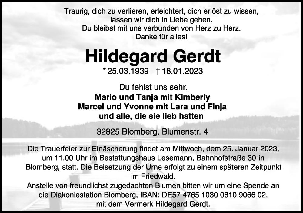  Traueranzeige für Hildegard Gerdt vom 21.01.2023 aus Lippische Landes-Zeitung