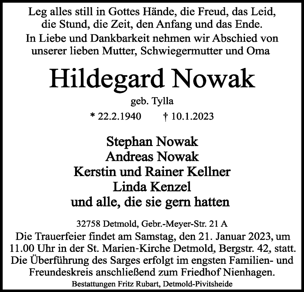  Traueranzeige für Hildegard Nowak vom 14.01.2023 aus Lippische Landes-Zeitung