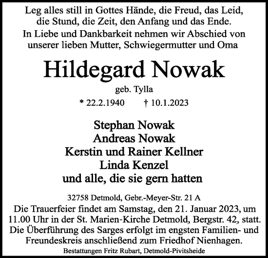 Anzeige  Hildegard Nowak  Lippische Landes-Zeitung