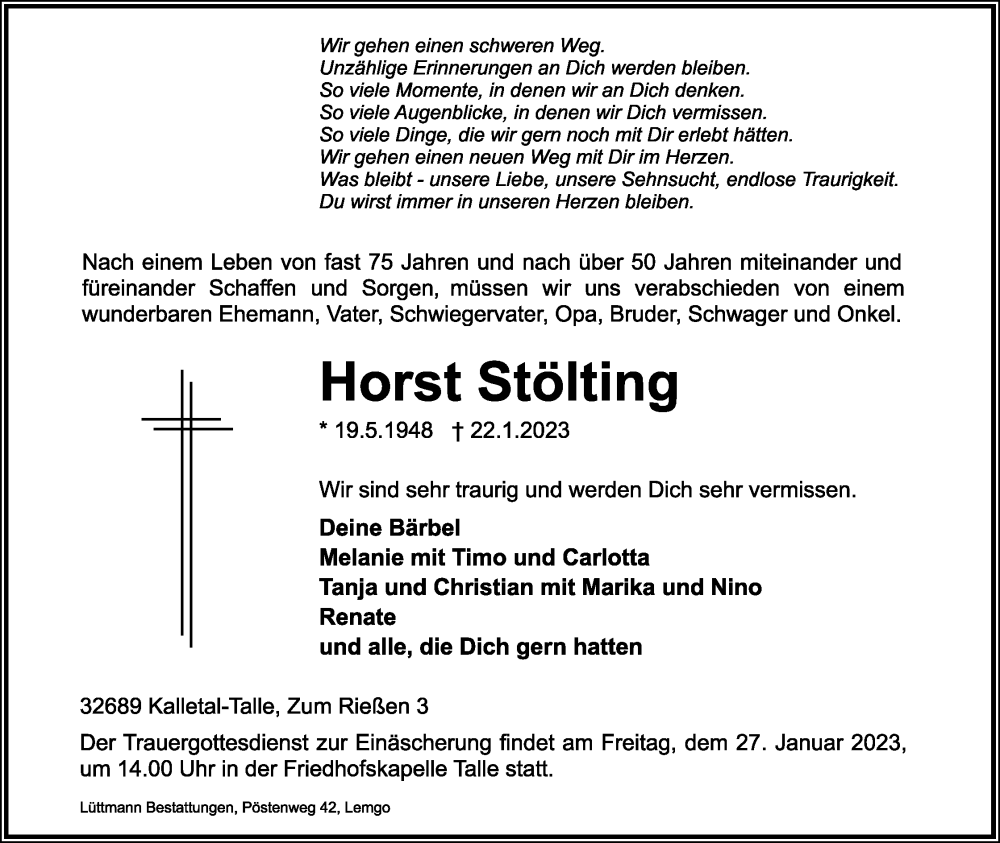  Traueranzeige für Horst Stölting vom 25.01.2023 aus Lippische Landes-Zeitung