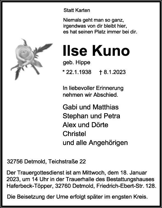 Anzeige  Ilse Kuno  Lippische Landes-Zeitung