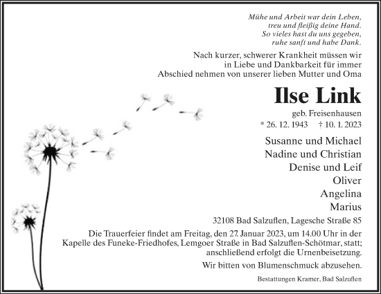 Anzeige  Ilse Link  Lippische Landes-Zeitung