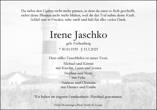 Anzeige  Irene Jaschko  Lippische Landes-Zeitung