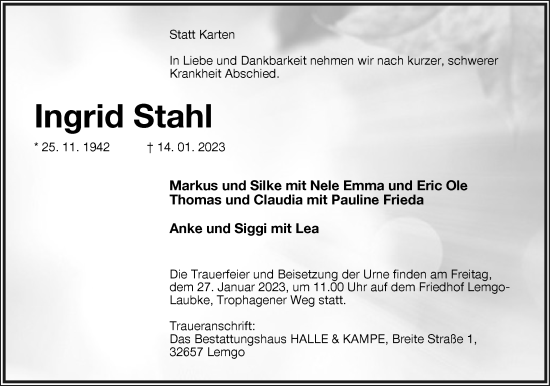 Anzeige  Irgrid Stahl  Lippische Landes-Zeitung