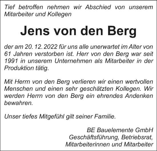 Anzeige  Jens von den Berg  Lippische Landes-Zeitung