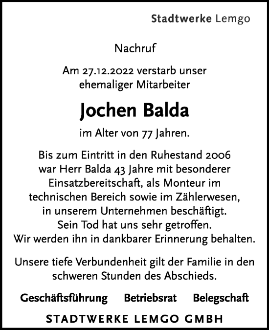 Anzeige  Jochen Balda  Lippische Landes-Zeitung