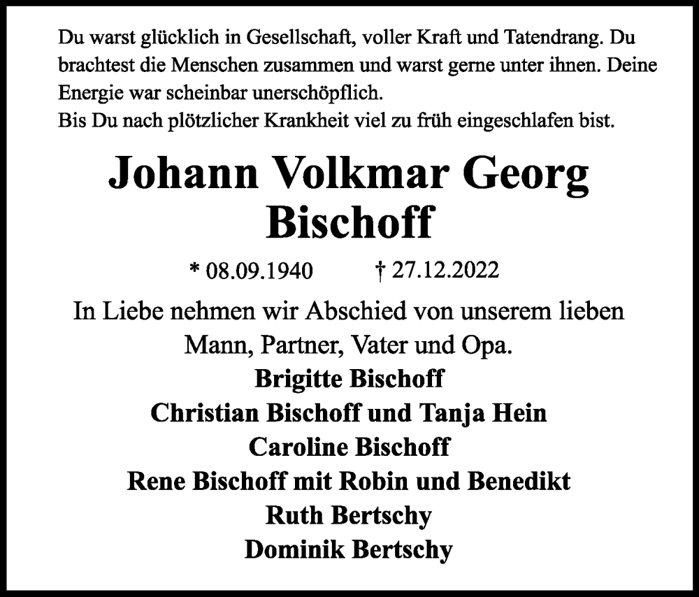 Traueranzeige für Johann Volkmar Georg Bischoff vom 14.01.2023 aus Lippische Landes-Zeitung