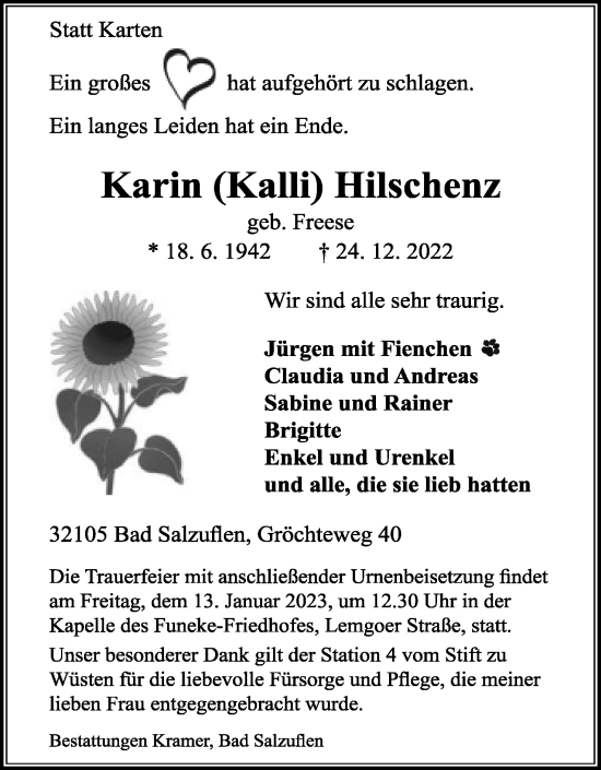 Anzeige  Karin Hilschenz  Lippische Landes-Zeitung