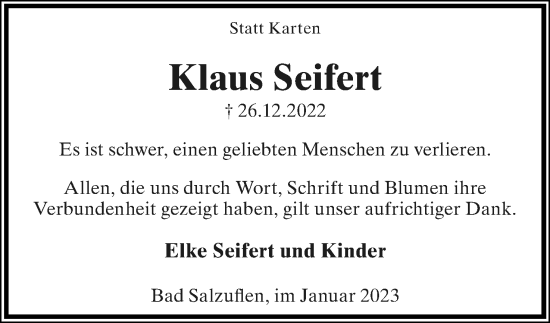 Anzeige  Klaus Seifert  Lippische Landes-Zeitung