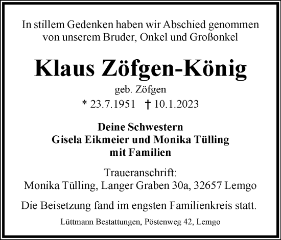 Anzeige  Klaus Zöfgen-König  Lippische Landes-Zeitung