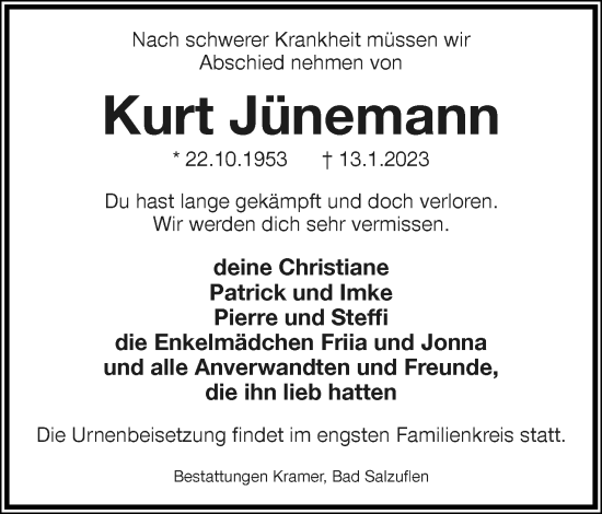 Anzeige  Kurt Jünemann  Lippische Landes-Zeitung