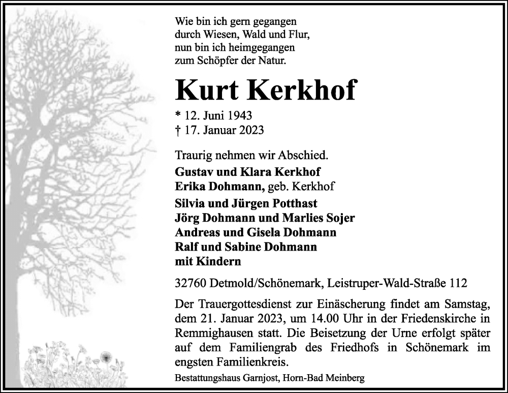  Traueranzeige für Kurt Kerkhof vom 19.01.2023 aus Lippische Landes-Zeitung