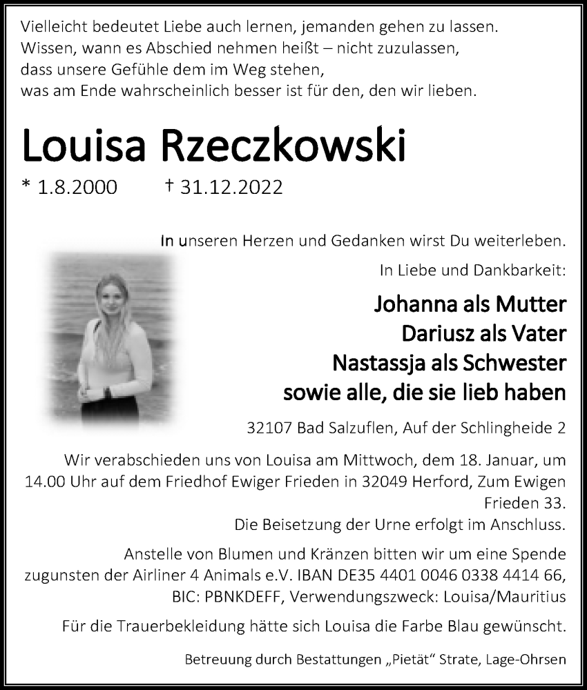  Traueranzeige für Louisa Rzeczkowski vom 14.01.2023 aus Lippische Landes-Zeitung