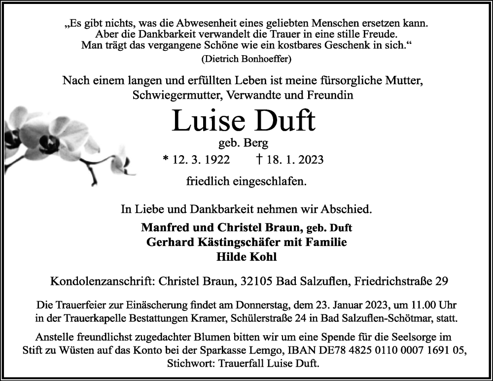  Traueranzeige für Luise Duft vom 21.01.2023 aus Lippische Landes-Zeitung