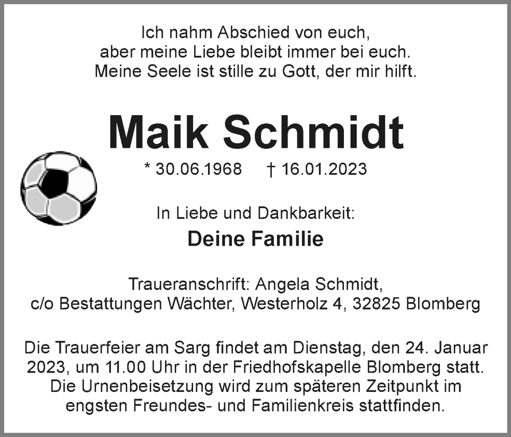  Traueranzeige für Maik Schmidt vom 21.01.2023 aus Lippische Landes-Zeitung