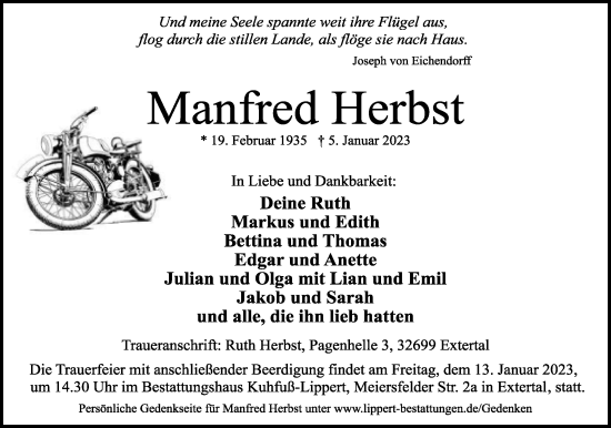 Anzeige  Manfred Herbst  Lippische Landes-Zeitung