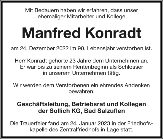 Anzeige  Manfred Konradt  Lippische Landes-Zeitung