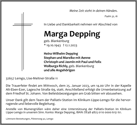 Anzeige  Marga Depping  Lippische Landes-Zeitung