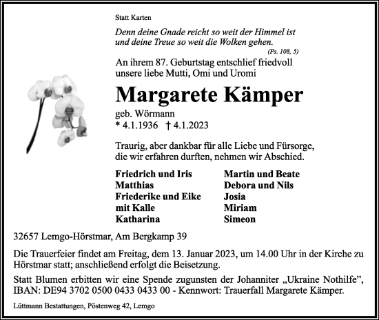 Anzeige  Margarete Kämper  Lippische Landes-Zeitung