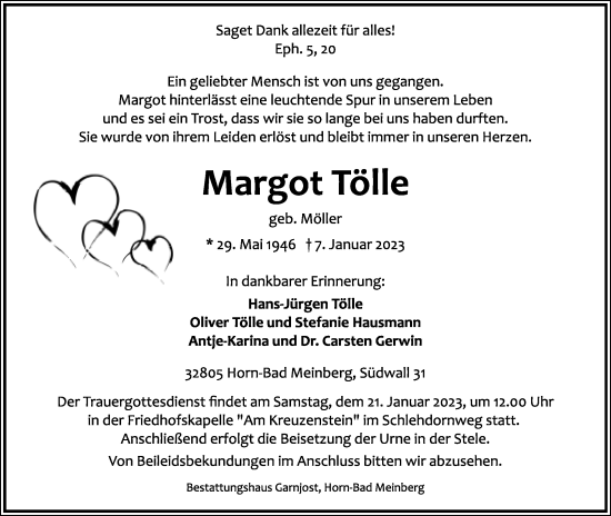 Anzeige  Margot Tölle  Lippische Landes-Zeitung