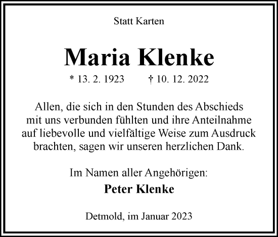 Anzeige  Maria Klenke  Lippische Landes-Zeitung