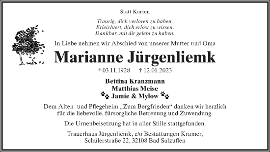 Anzeige  Marianne Jürgenliemk  Lippische Landes-Zeitung