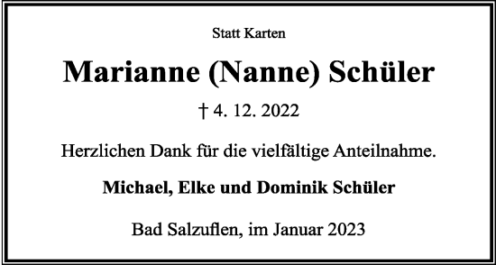 Anzeige  Marianne Schüler  Lippische Landes-Zeitung