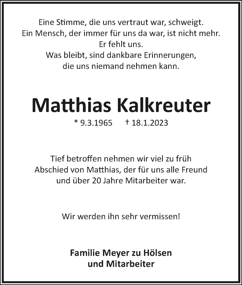  Traueranzeige für Matthias Kalkreuter vom 21.01.2023 aus Lippische Landes-Zeitung