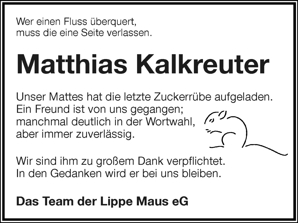  Traueranzeige für Matthias Kalkreuter vom 21.01.2023 aus Lippische Landes-Zeitung