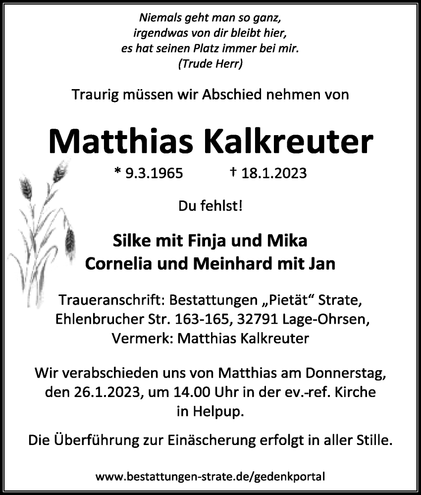  Traueranzeige für Matthias Kalkreuter vom 21.01.2023 aus Lippische Landes-Zeitung