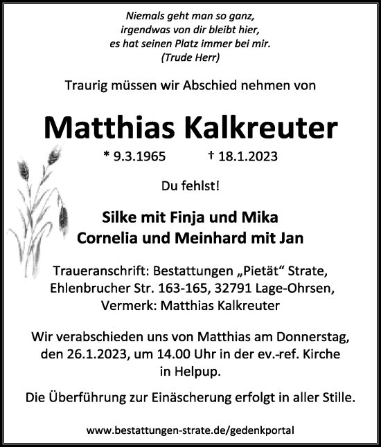 Anzeige  Matthias Kalkreuter  Lippische Landes-Zeitung