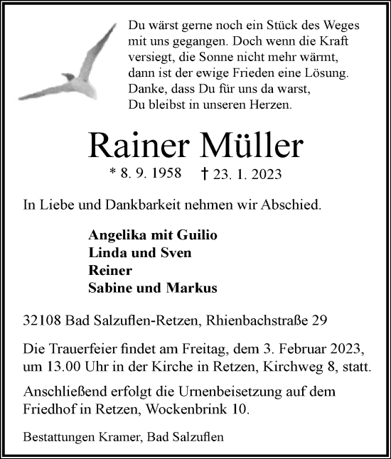 Anzeige  Rainer Müller  Lippische Landes-Zeitung