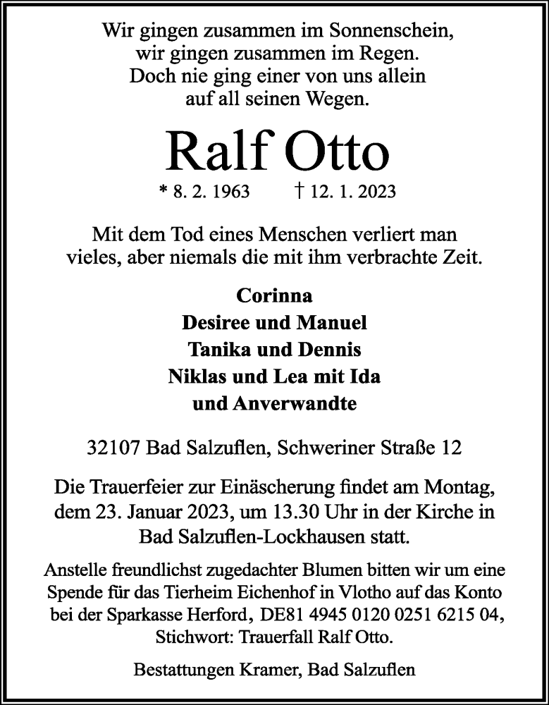  Traueranzeige für Ralf Otto vom 18.01.2023 aus Lippische Landes-Zeitung
