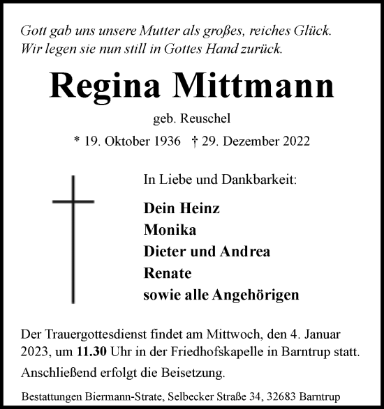 Anzeige  Regina Mittmann  Lippische Landes-Zeitung