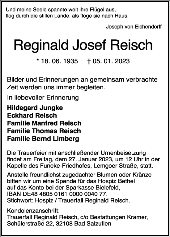 Anzeige  Reginald Josef Reisch  Lippische Landes-Zeitung