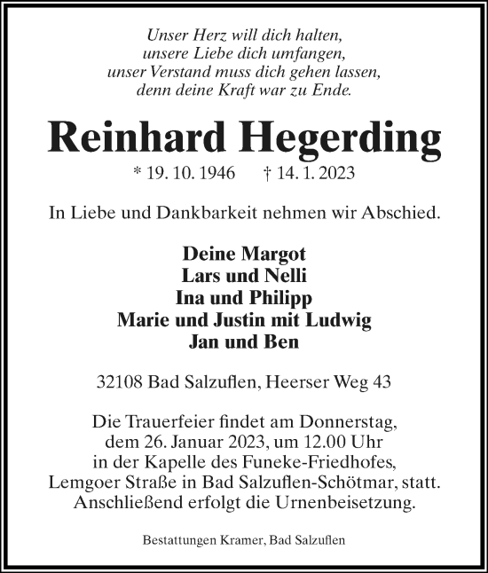 Anzeige  Reinhard Hegerding  Lippische Landes-Zeitung
