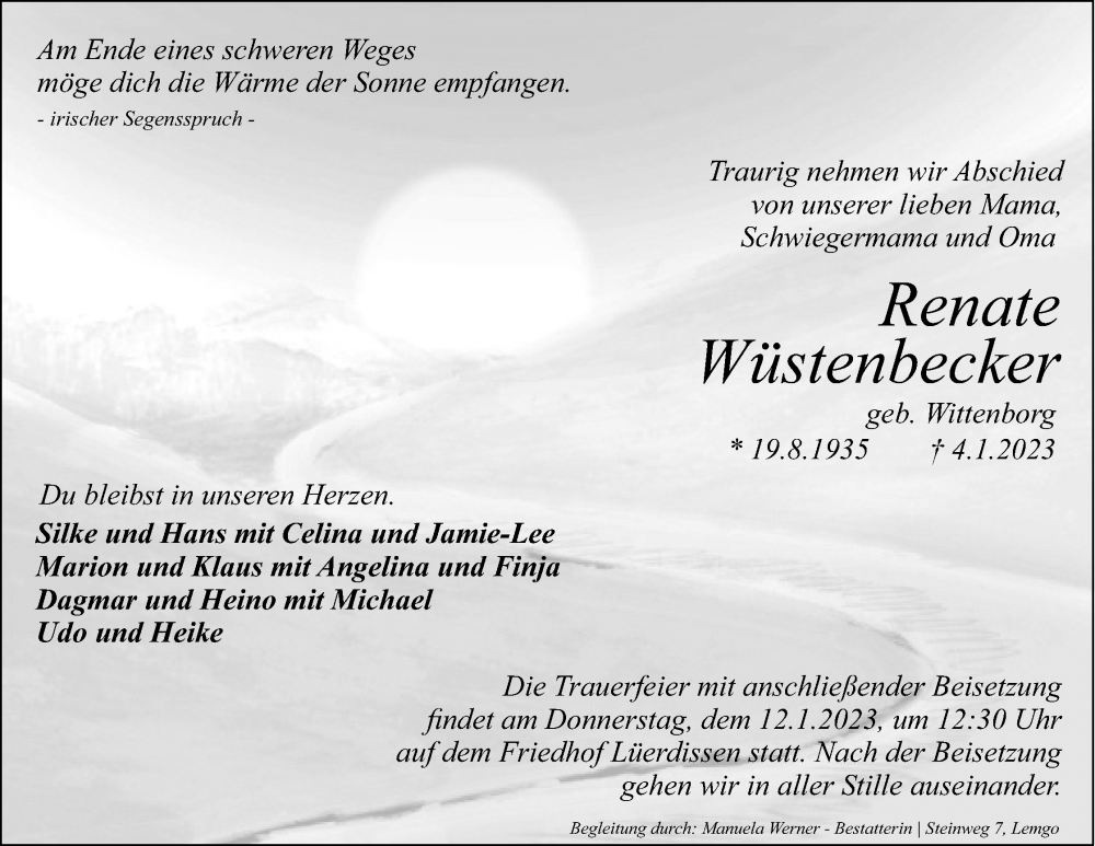  Traueranzeige für Renate Wüstenbecker vom 07.01.2023 aus Lippische Landes-Zeitung
