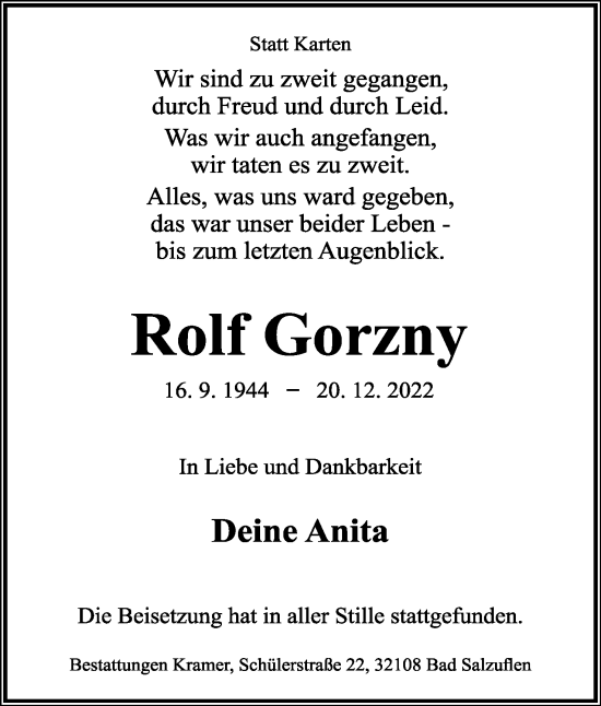 Anzeige  Rolf Gorzny  Lippische Landes-Zeitung
