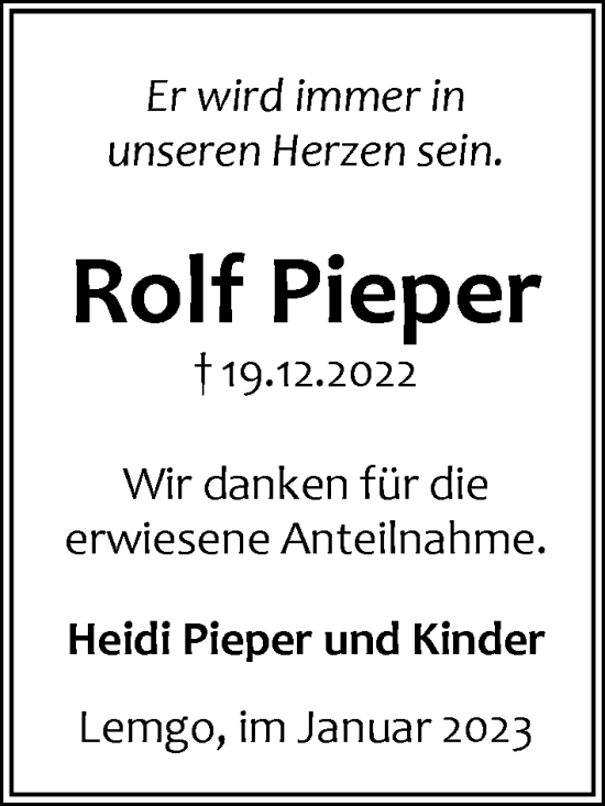 Anzeige  Rolf Pieper  Lippische Landes-Zeitung