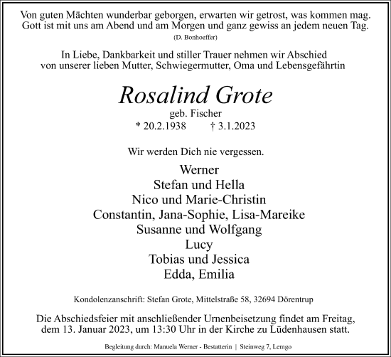 Anzeige  Rosalind Grote  Lippische Landes-Zeitung