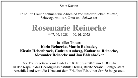 Anzeige  Rosemarie Reinecke  Lippische Landes-Zeitung