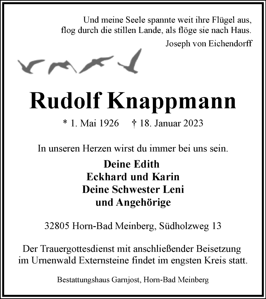  Traueranzeige für Rudolf Knappmann vom 21.01.2023 aus Lippische Landes-Zeitung